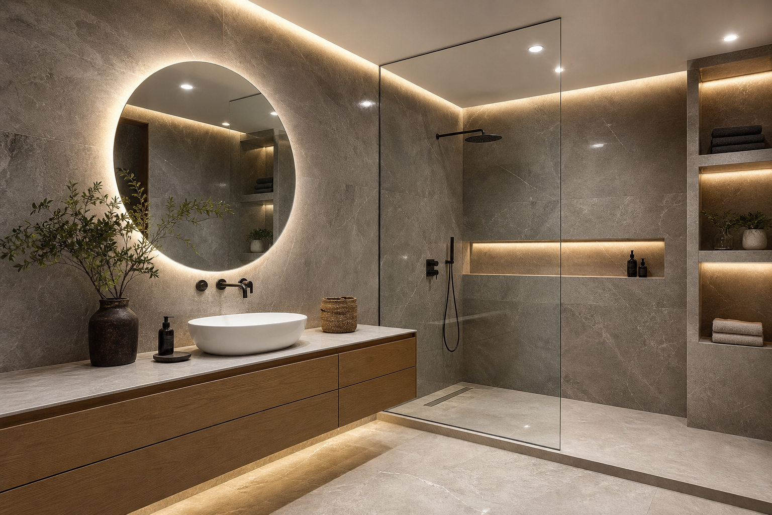 Salle de bain contemporaine rénovée à Agadir, douche à l'italienne et finitions premium, DARNÉO