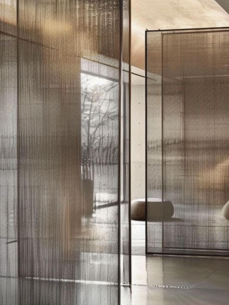 Cloisons en maille bronze semi-transparentes devant assises organiques, concept déco minimaliste et lumineux