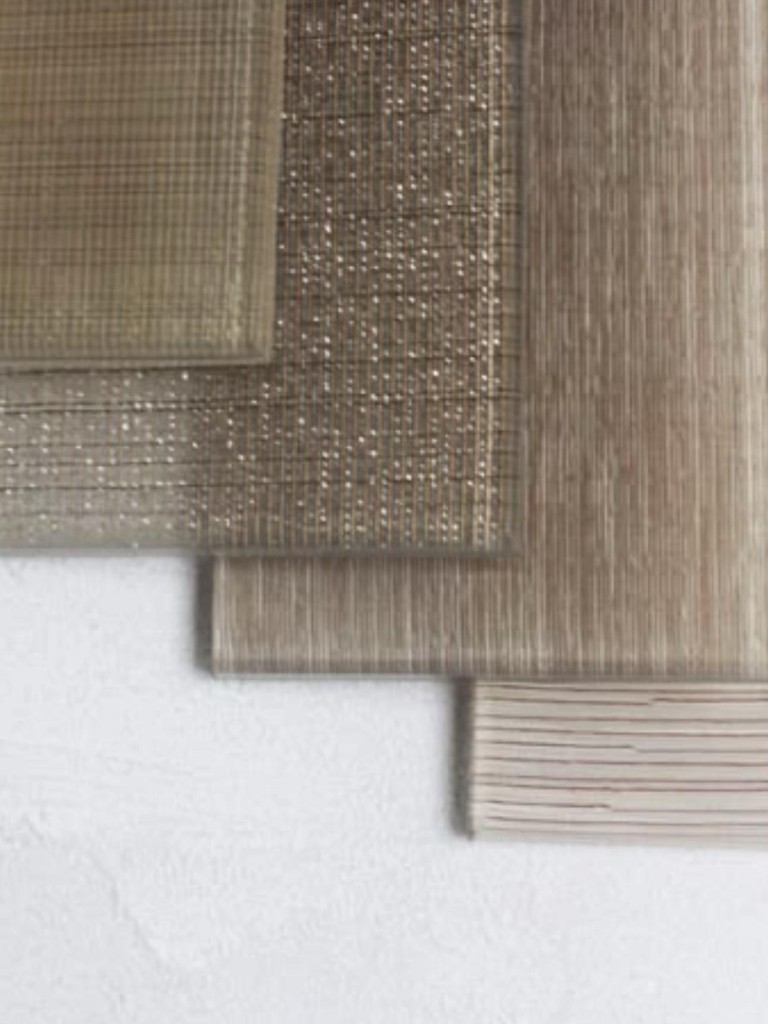 Échantillons de verre décoratif à tissu incorporé : lin, maille bronze, cannelé vertical et horizontal pour choisir sa texture