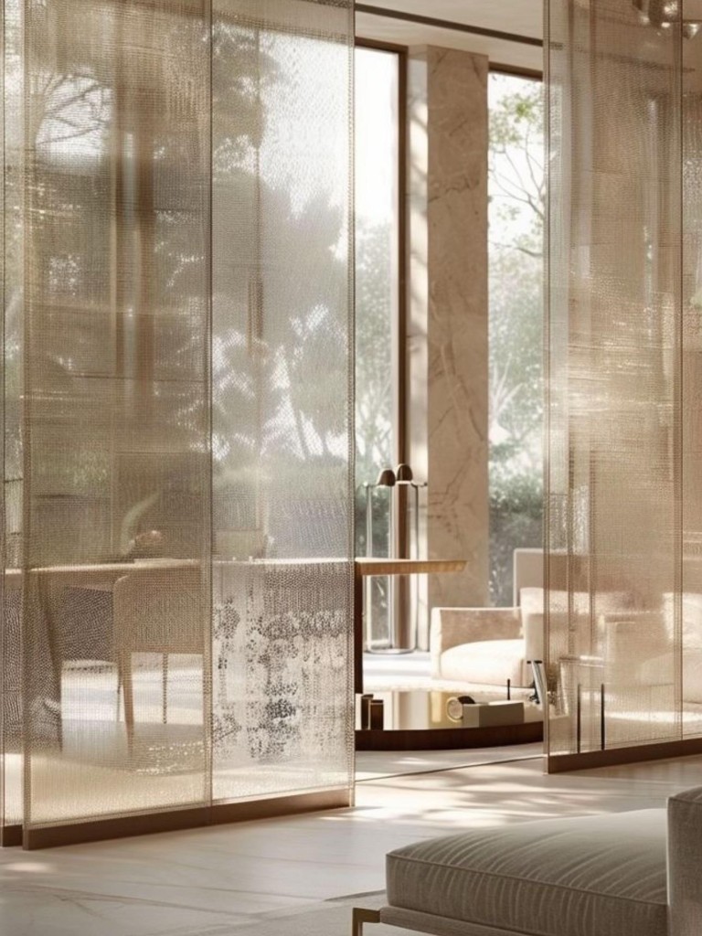 Cloisons coulissantes en maille dorée dans une villa moderne ouverte sur le jardin, verre décoratif à tissu au Maroc